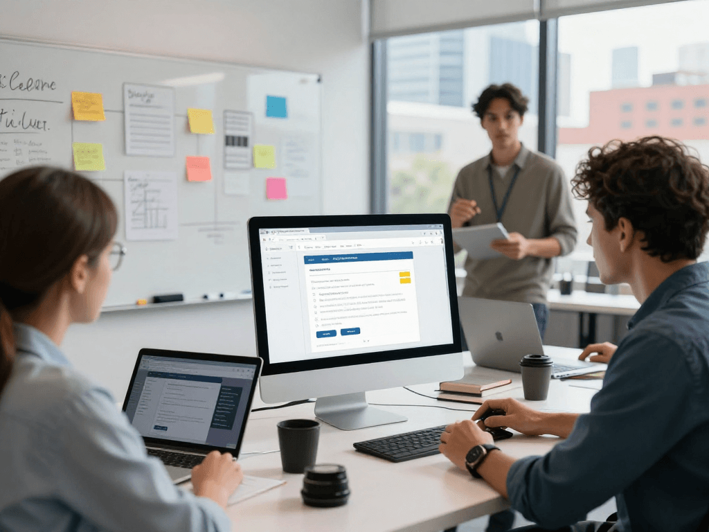 Barrierefreie und rechtssichere Webseiten Dienstleistung im professionellen Büro, wo ein Entwickler die Zugänglichkeit einer Webseite analysiert, um barriere-technische Anforderungen zu erfüllen.