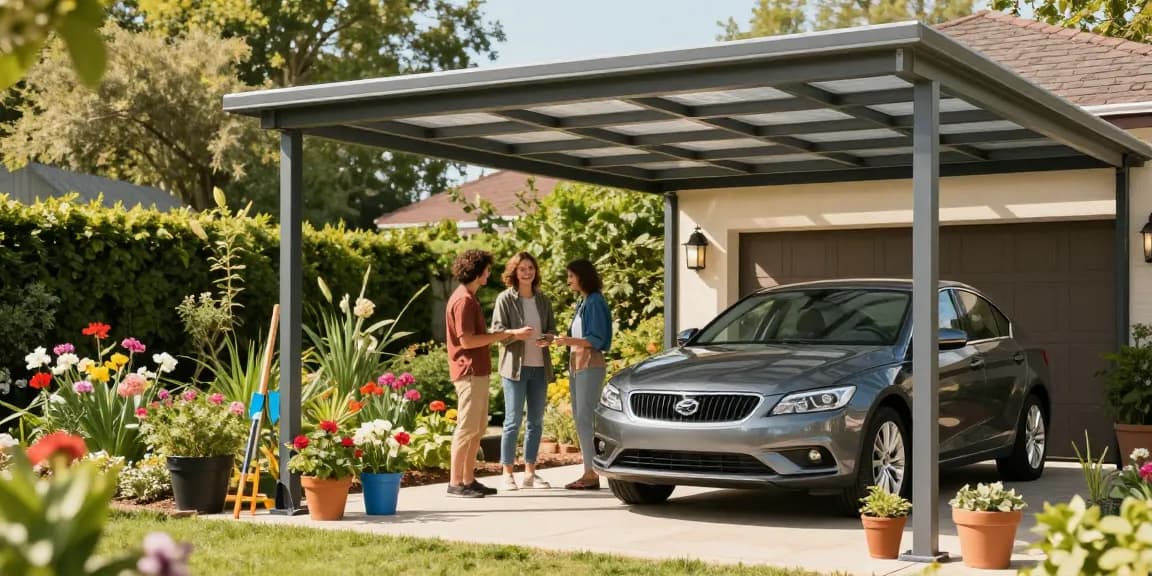 Moderne Carport-Struktur mit einem stilvollen Auto darunter und blühenden Garten im Hintergrund.