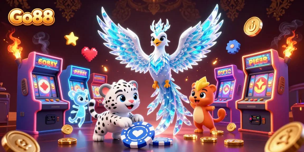 Engage with Go88's vibrant gaming experience featuring a magical ice phoenix, snow leopard cub, and arcade elements.