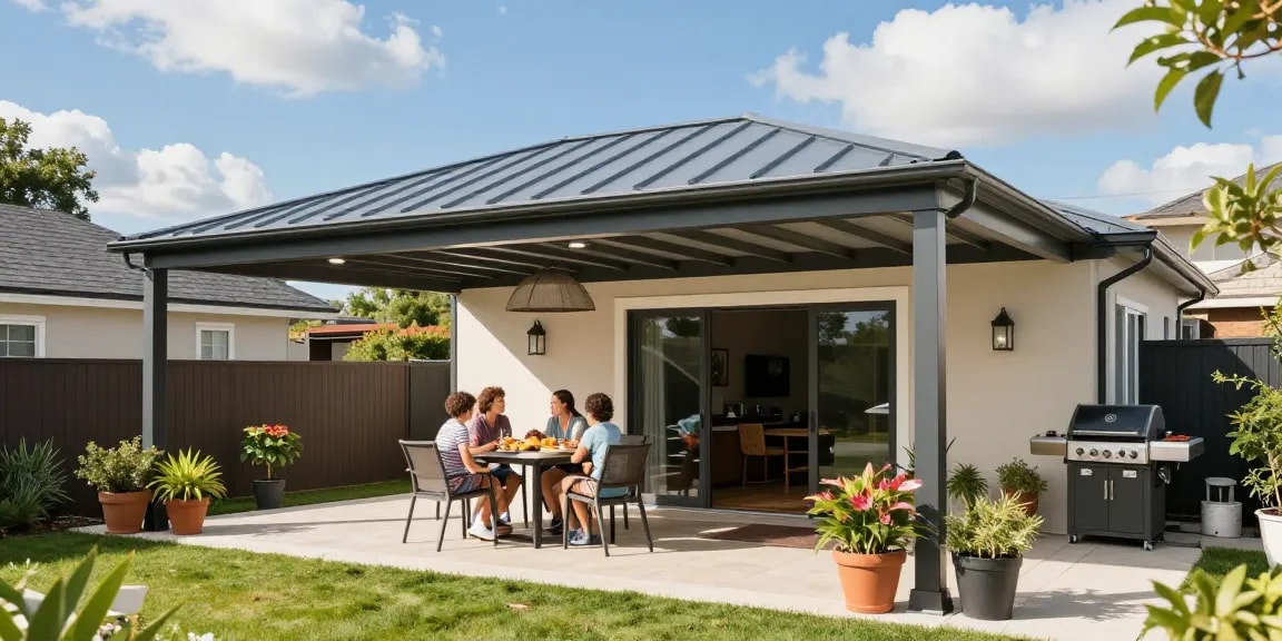 Gemütliche Terrasse mit Terrassenüberdachung und Familie beim Essen im Garten.
