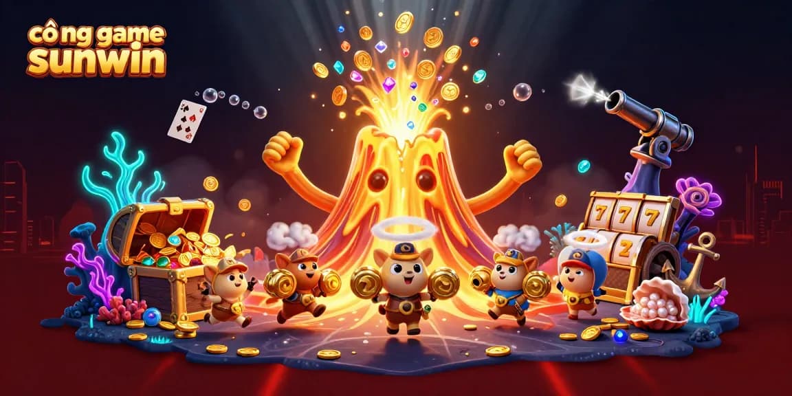 Engage with the vibrant cổng game sunwin landscape featuring a golden volcano erupting coins amid casino elements.