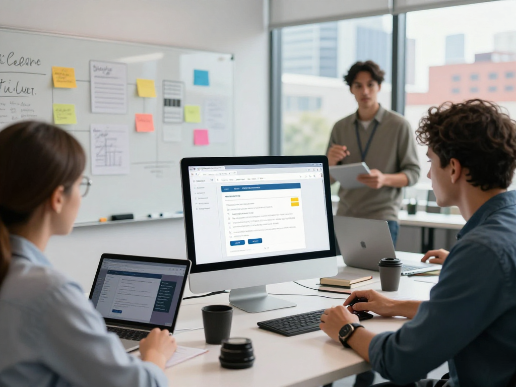 Barrierefreie und rechtssichere Webseiten Dienstleistung im professionellen Büro, wo ein Entwickler die Zugänglichkeit einer Webseite analysiert, um barriere-technische Anforderungen zu erfüllen.