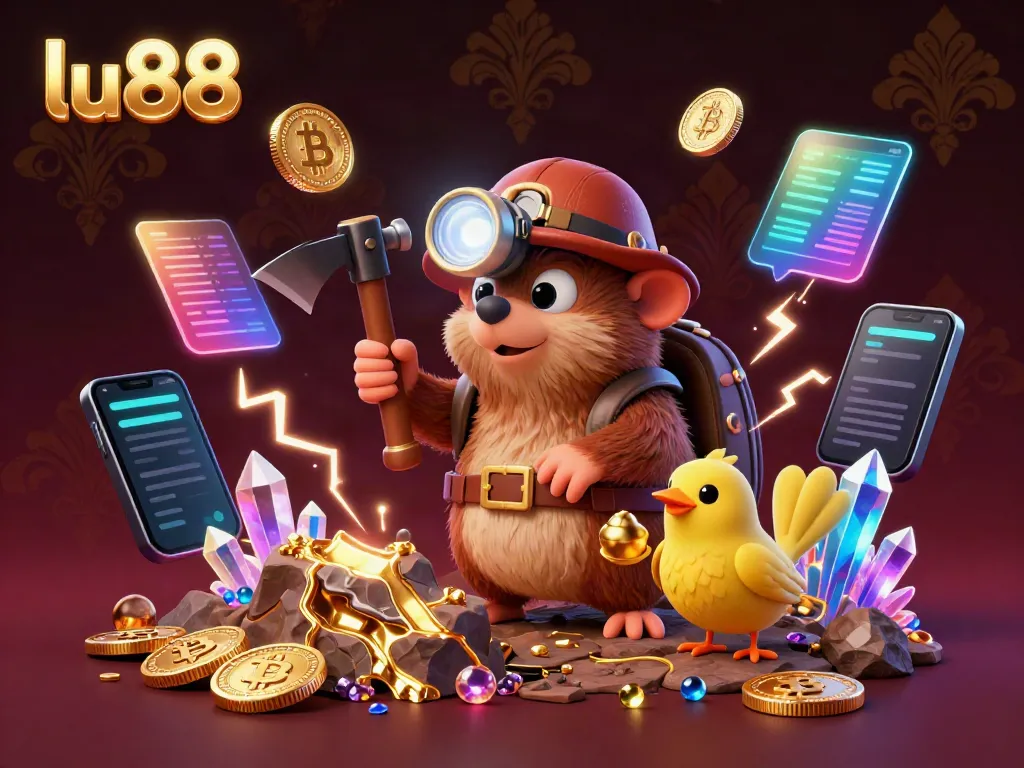 Engage with lu88 as the treasure hunter mole explores a vibrant 3D gaming cave filled with crypto elements.