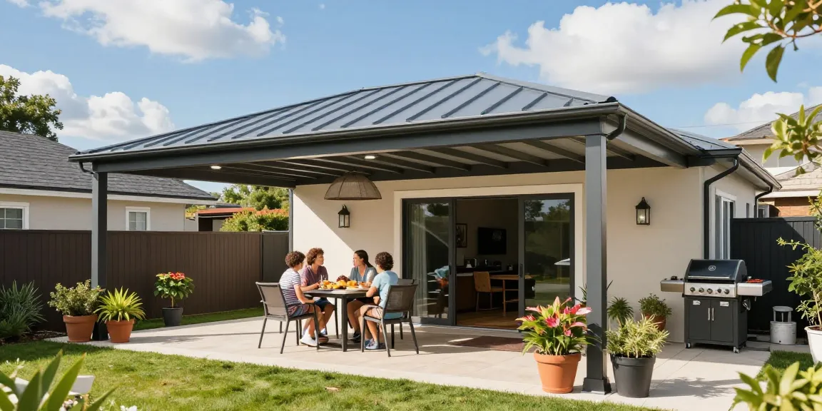 Gemütliche Terrasse mit Terrassenüberdachung und Familie beim Essen im Garten.
