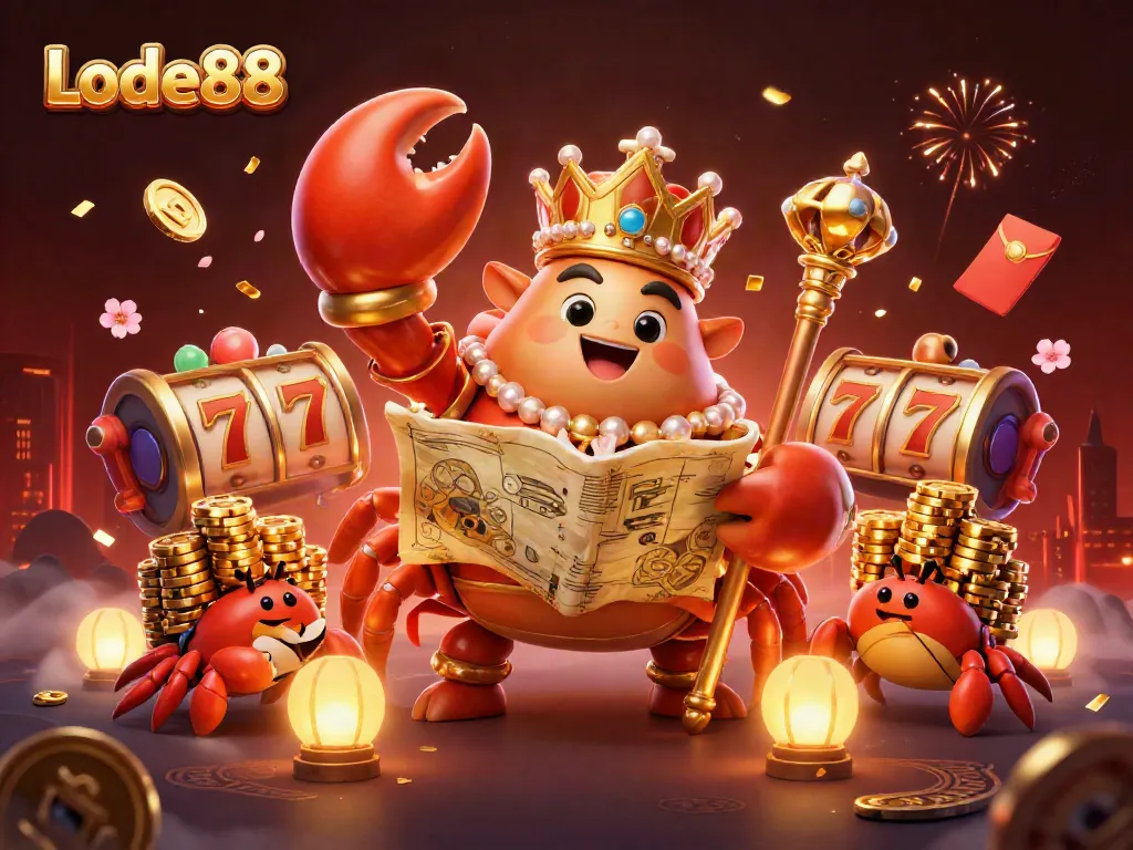 Engage with Lode88's vibrant gaming scene featuring a golden crab emperor among festive casino elements.