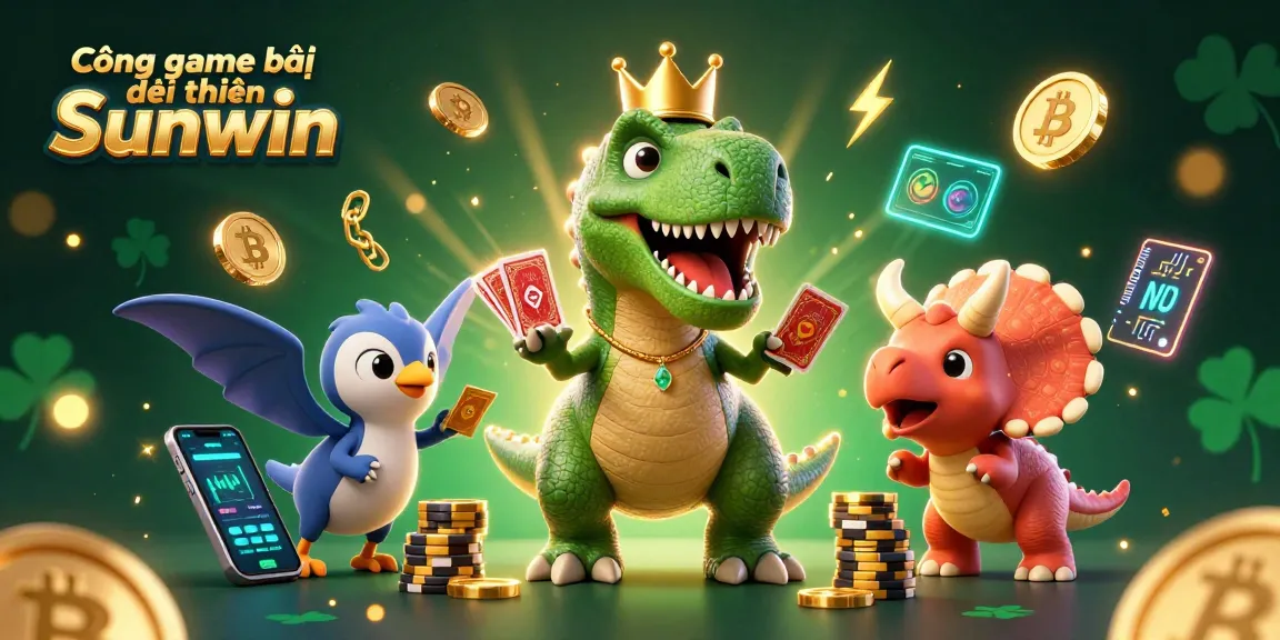 Cổng game bài đổi thưởng Sunwin features a T-Rex shuffling cards with a pterodactyl assistant and a baby triceratops stacking chips.