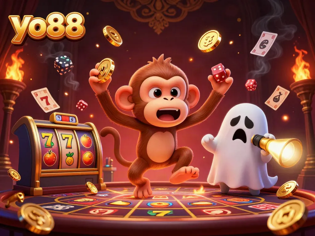 Experience the thrilling action at yo88 as a playful poltergeist monkey juggles gold and games in a haunted casino.