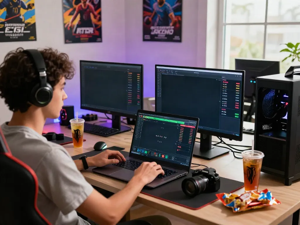 Engaged player at https://1da88.it.com/ sports betting in a vibrant home office setting.