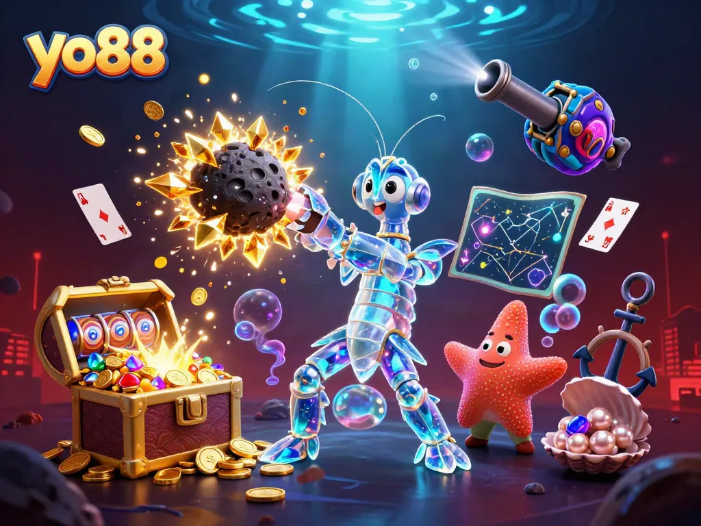 Experience thrilling gaming at yo88 with a vibrant underwater scene filled with gems and cards.