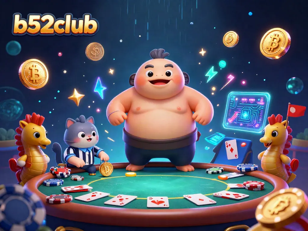 Bets on exciting poker games at b52club with a lively scene featuring a fugu blowfish and playful characters.