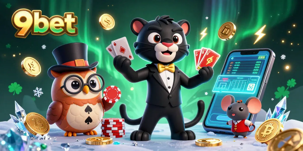 Experience thrilling poker action with 9bet at a vibrant casino depicted in a 3D illustration featuring animated characters.