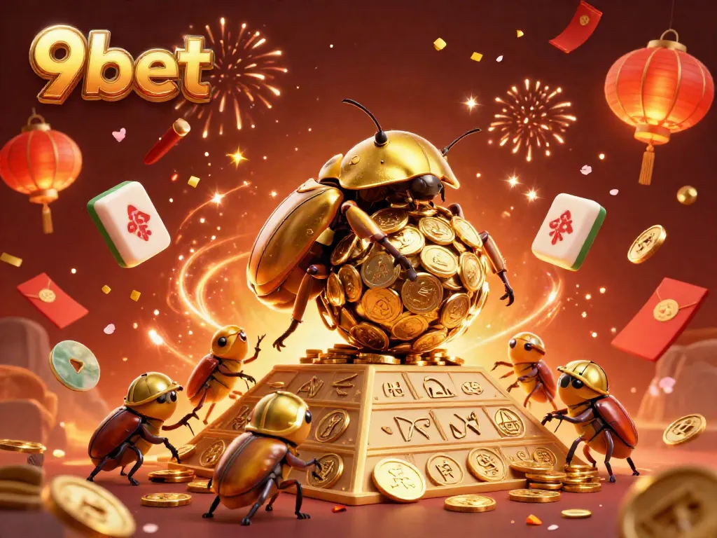 Engage with 9bet's gaming adventure featuring a golden dung beetle rolling coins in a festive, colorful casino scene.