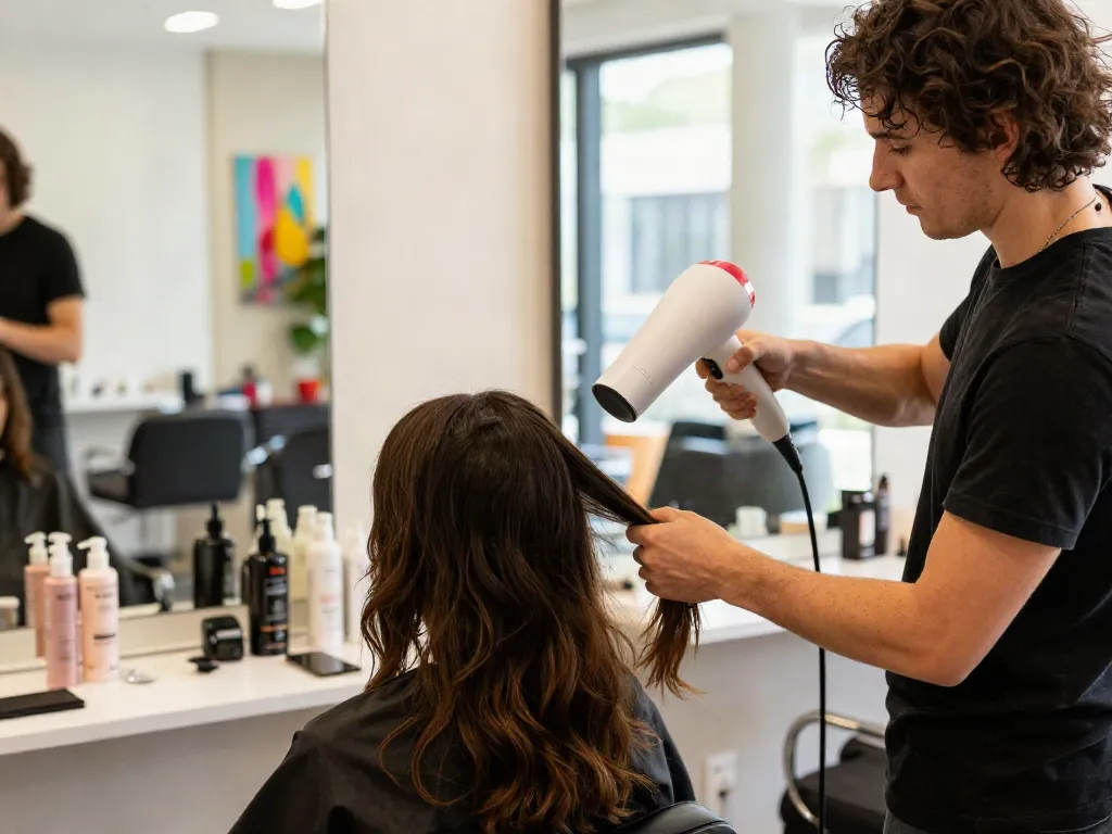 Ein Laifen Fön wird verwendet, um das Haar eines Kunden in einem modernen Salon zu trocknen.