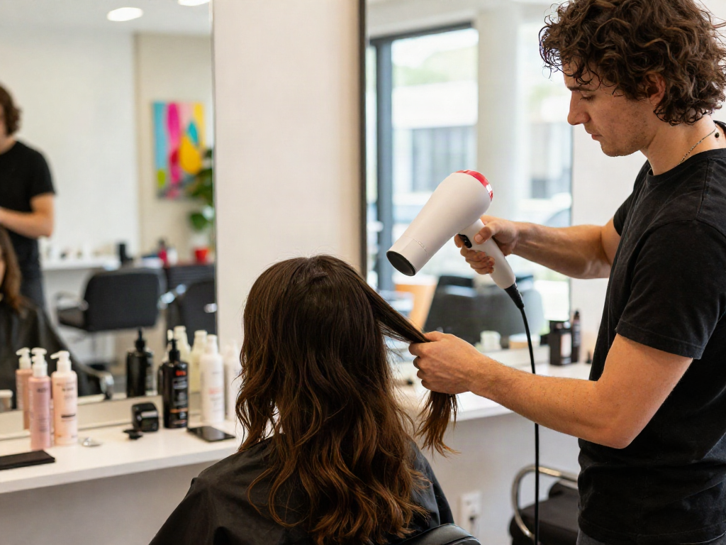 Ein Laifen Fön wird verwendet, um das Haar eines Kunden in einem modernen Salon zu trocknen.