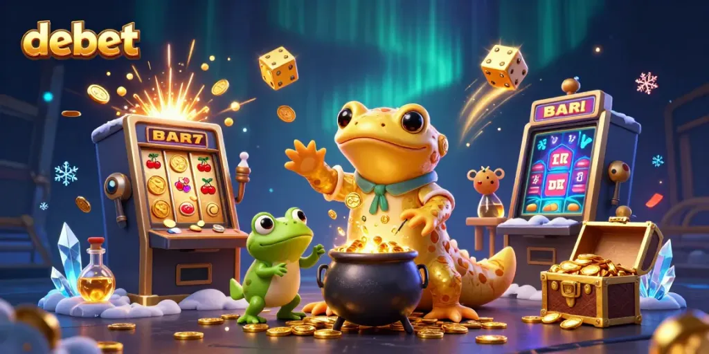 Experience thrilling gameplay at debet with enchanting illustrations of a golden salamander alchemist and slot machines