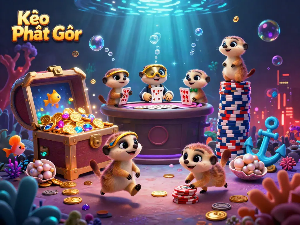Experience Kèo Phạt Góc in a vibrant underwater casino scene with meerkats and dynamic treasures.