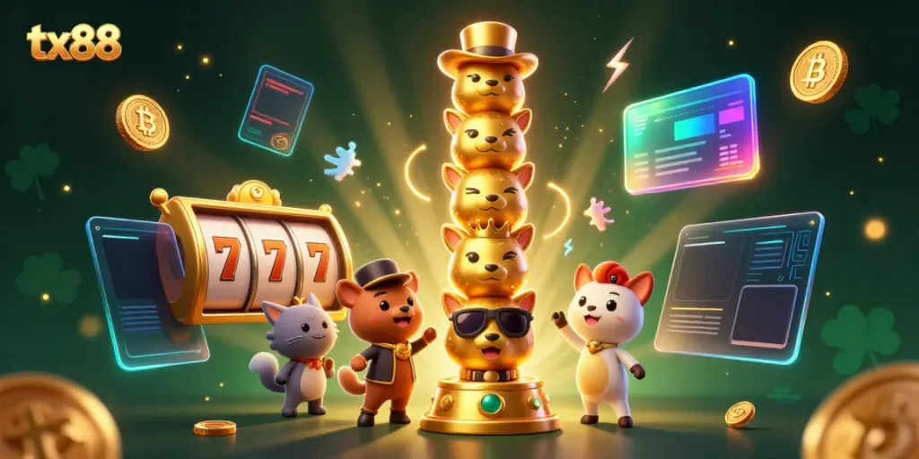 Experience the excitement of tx88 with vibrant casino elements and a golden totem in this immersive illustration.