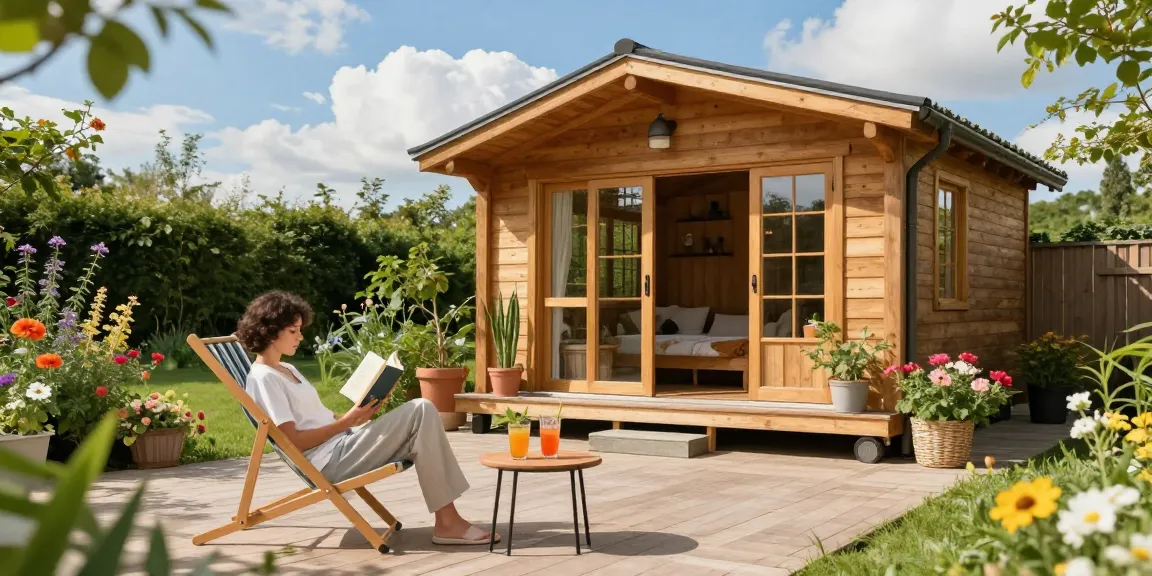 Garten Haus mit einladendem Patio, umgeben von Blumen und Pflanzen, perfekte Gartenatmosphäre.