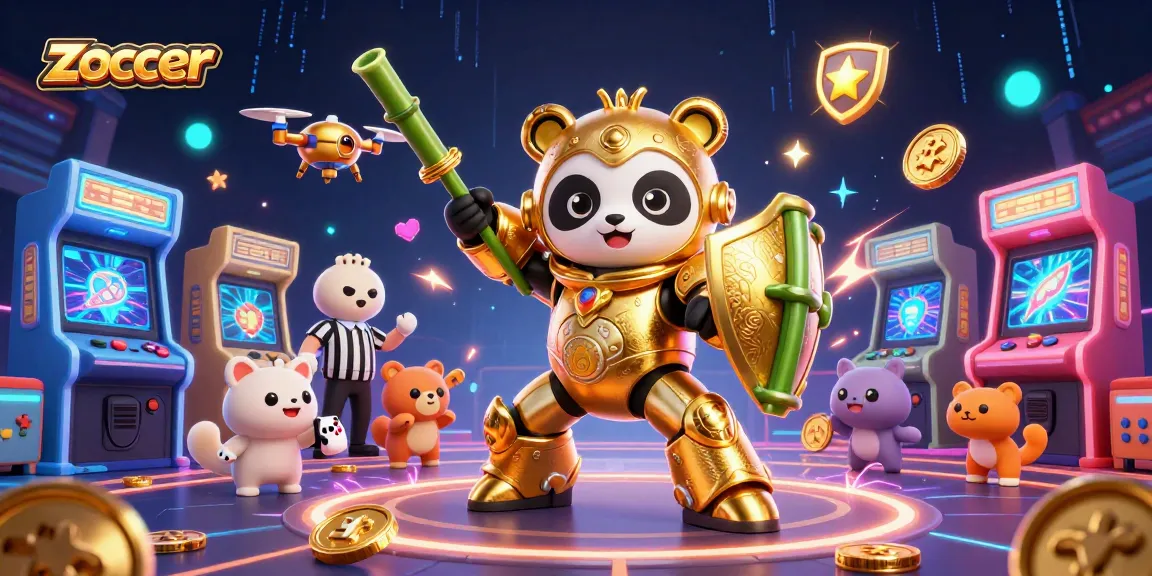 Zoccer casino scene with golden panda in mech-suit battling in a vibrant 3D arena.