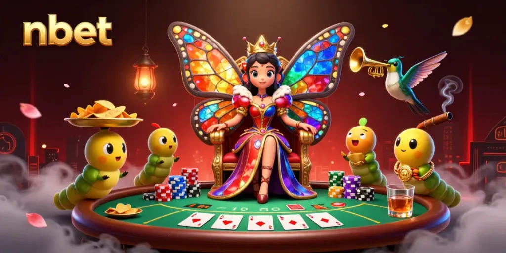 Engage with NBET in this vibrant casino scene featuring a butterfly queen and poker excitement.