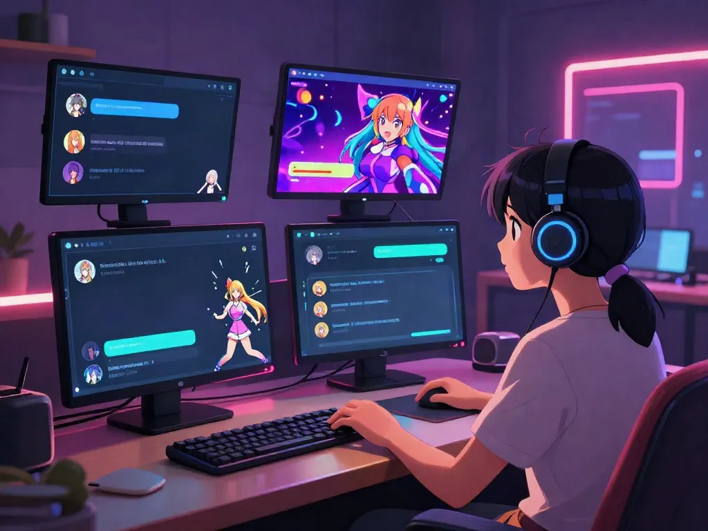 User engaging in AI hentai chat within a vibrant, cozy virtual room filled with colorful screens and animated avatars.