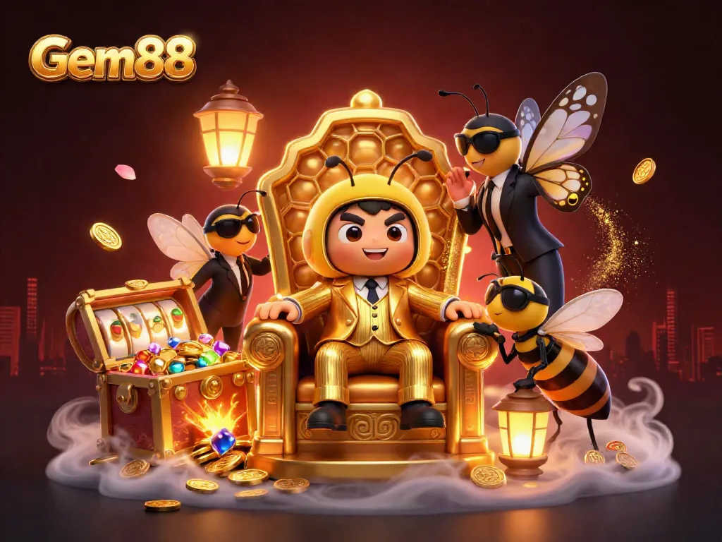 Engage in thrilling gameplay with Gem88's immersive gaming experience featuring slot reels and vibrant characters.