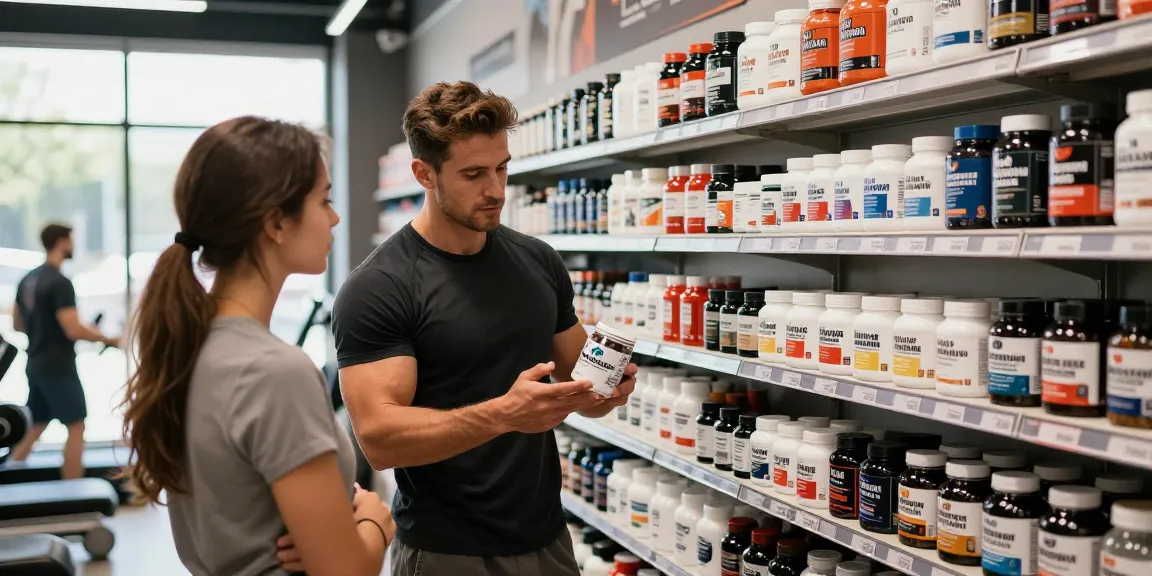 Steroidshop: Kunde erkundigt sich nach anabolen Steroiden in einem gut sortierten Fitnessgeschäft.