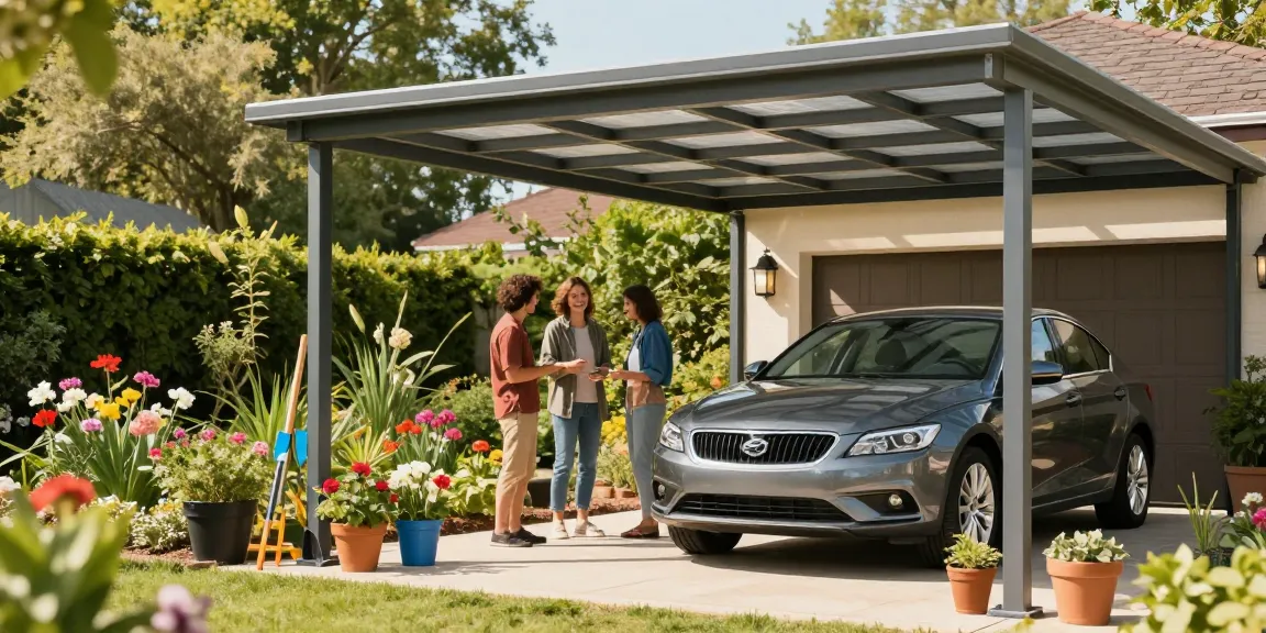 Moderne Carport-Struktur mit einem stilvollen Auto darunter und blühenden Garten im Hintergrund.