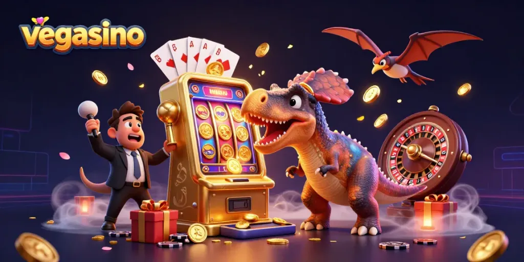 Experience vegasino's thrilling jackpot moments with a dinosaur, slot machine, and golden coins.