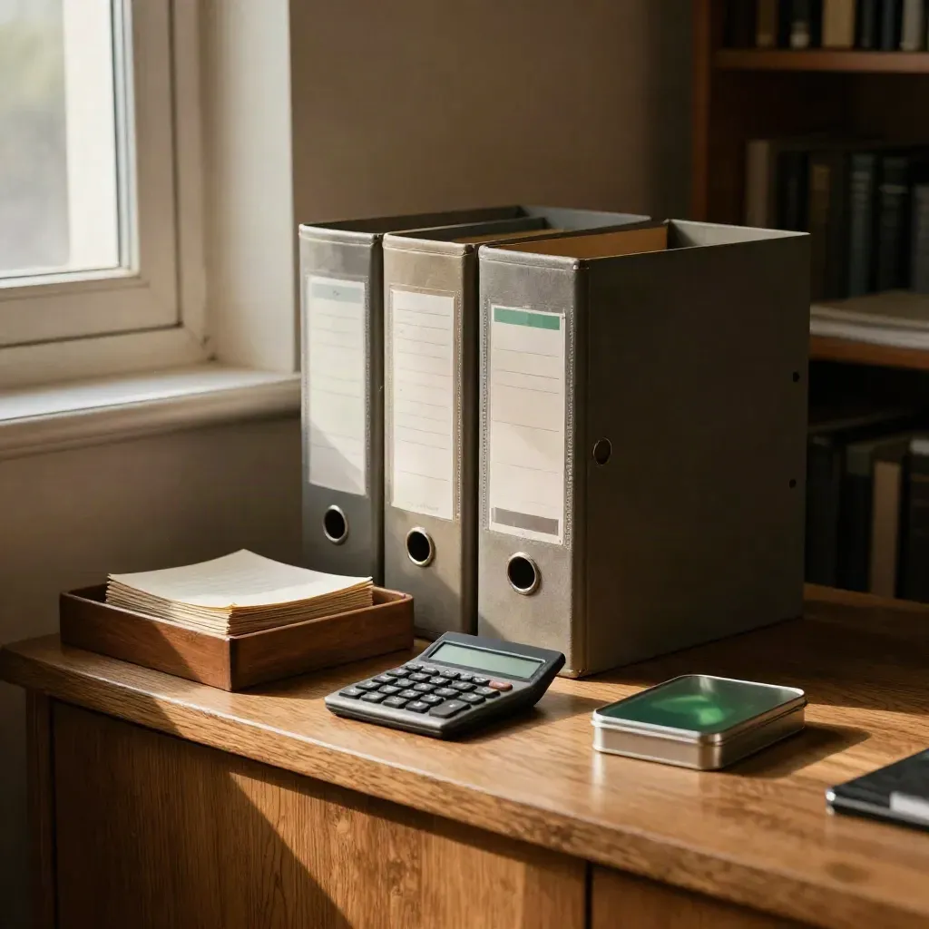 Buchhaltungs-Setup mit Ordnern, Belegschale, Rechner und Clipdose auf hellem Holz.