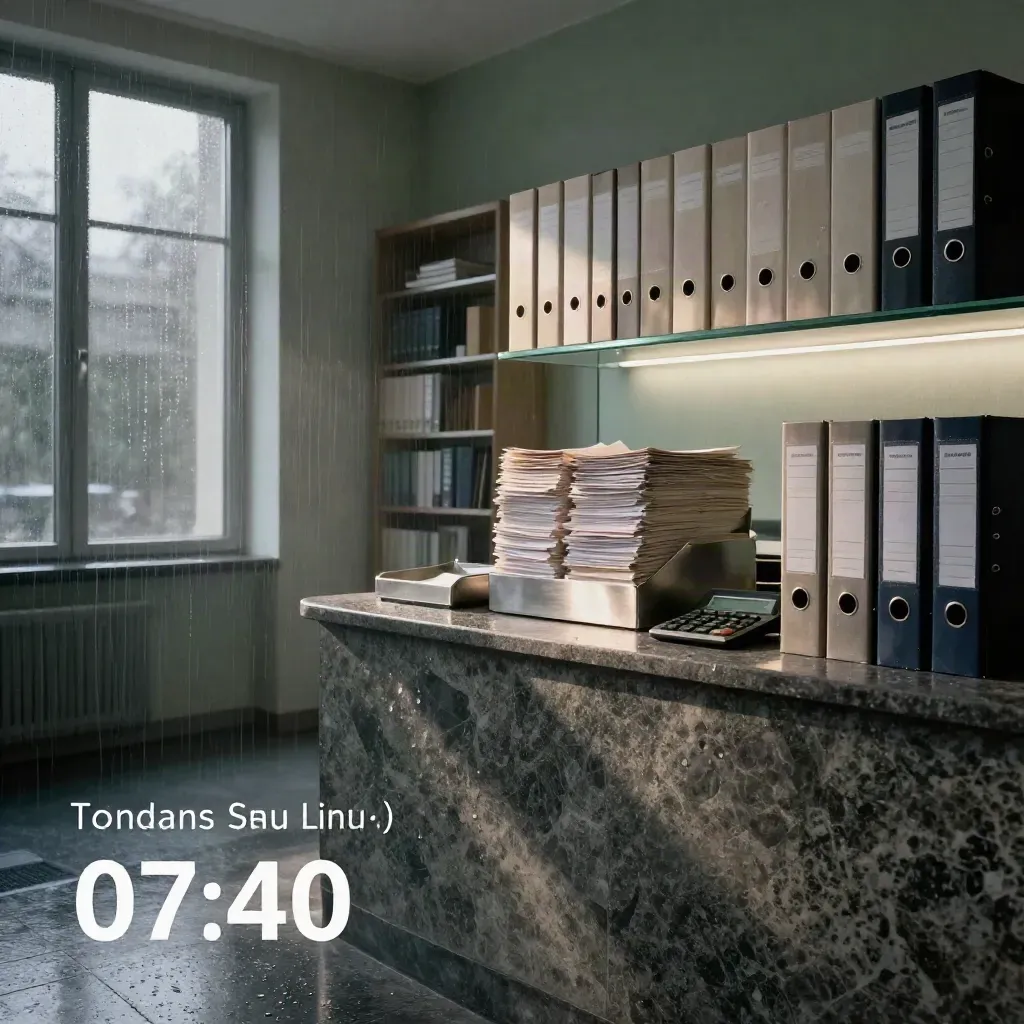 Modernes Steuerbüro nach Regen im Morgenlicht mit Aktenbindern, Briefstapel und Taschenrechner.