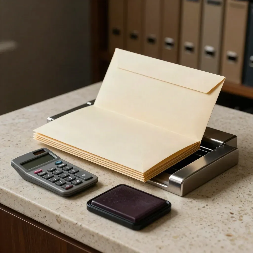 Lohnabrechnungs-Station mit Umschlägen, Rechner und Stempel, ein Umschlag gleitet ins Fach.