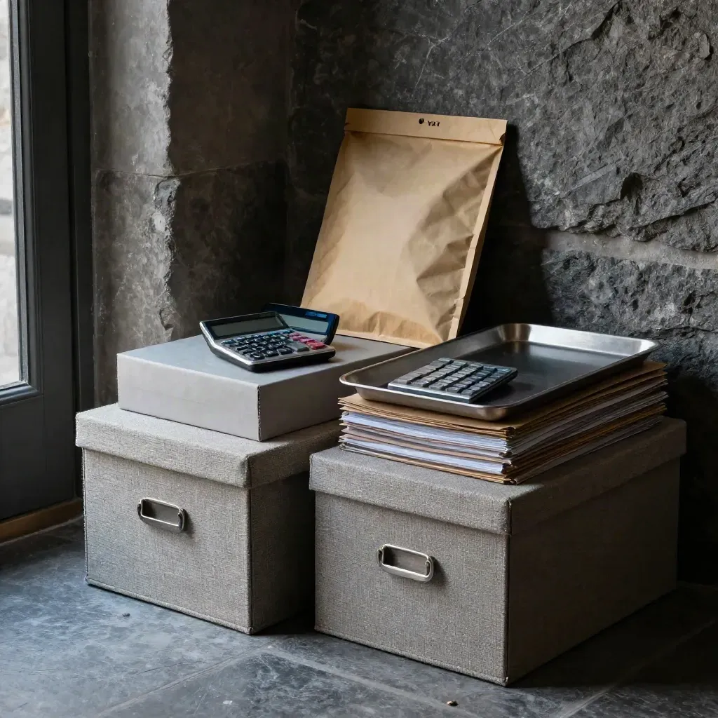 Umsatzsteuer-Ecke mit Archivboxen, Rechner und versiegelter Versandtasche an dunkler Steinwand.