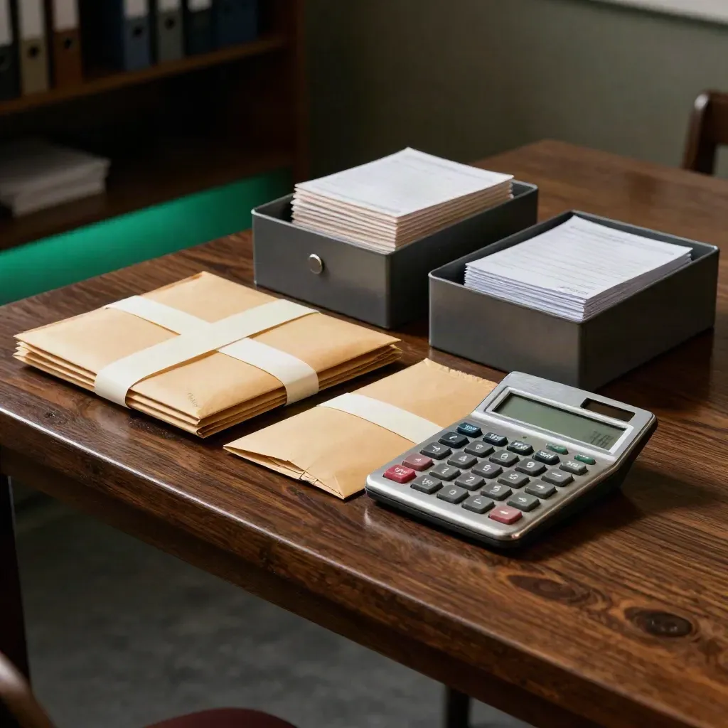 Payroll-Arbeitsset mit Rechner, Lohnumschlägen, Sortierschale und Karteikasten auf dunklem Holz.