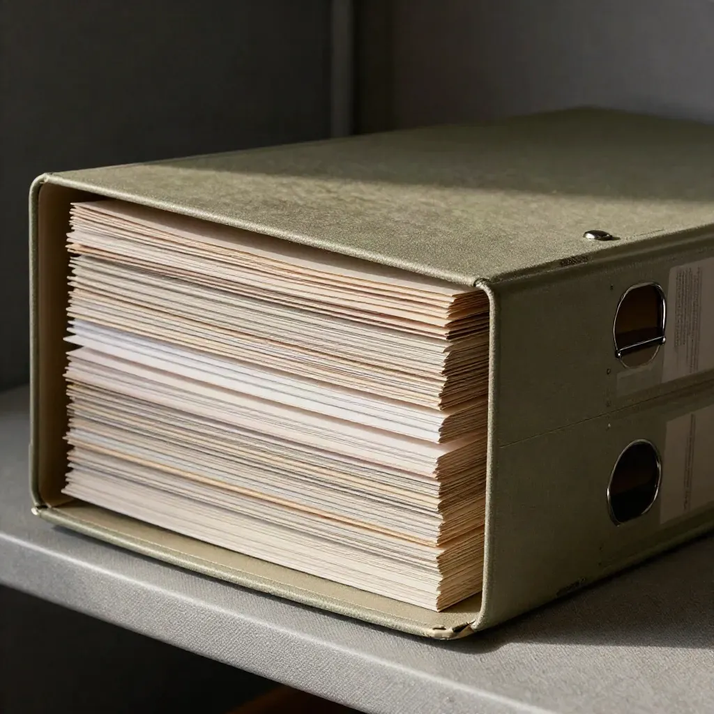 Nahaufnahme eines geordneten Ordnerstapels mit Registerkarten und Belegserie auf Leinen.