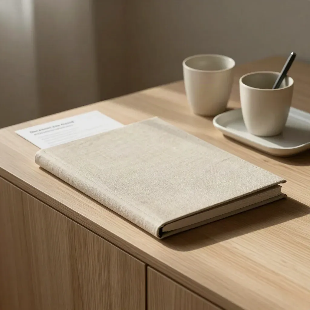 Neutrale Willkommensszene mit Folder, Tassen und Stifthalter auf hellem Holz.