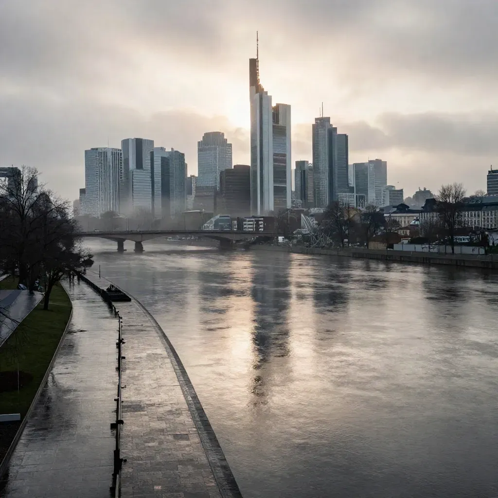 Frankfurts Skyline im Morgennebel am Mainufer, ruhig und hoch gesetzt.