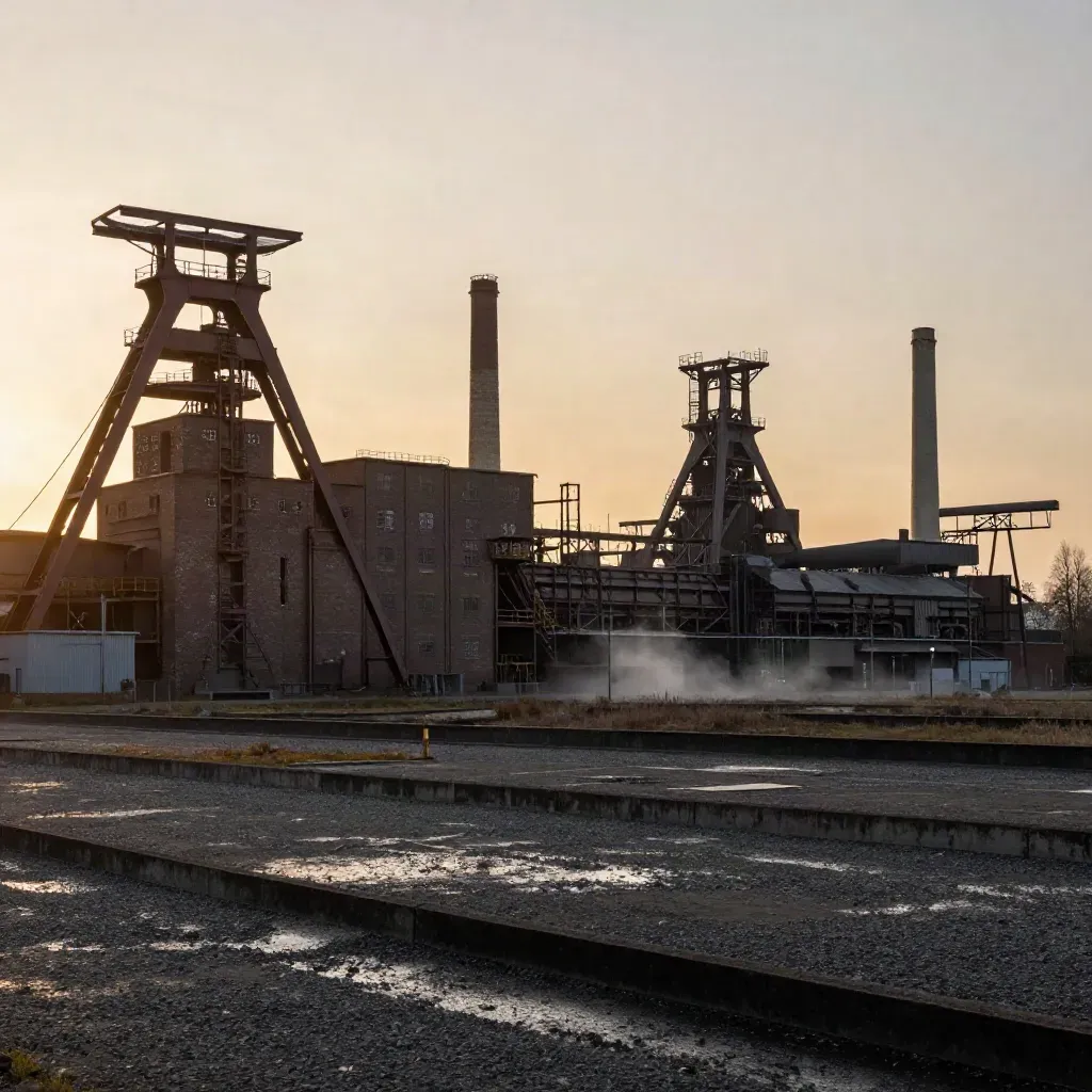 Zeche Zollverein im goldenen Licht über ruhiger Industriefläche im Ruhrgebiet