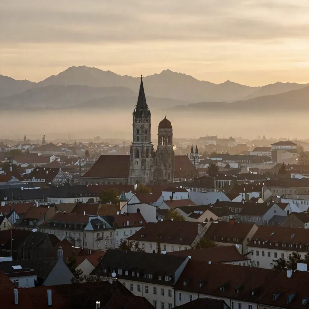 München bei Sonnenaufgang mit Frauenkirche, Dachsilhouette und Alpenhorizont im leichten Morgennebel.