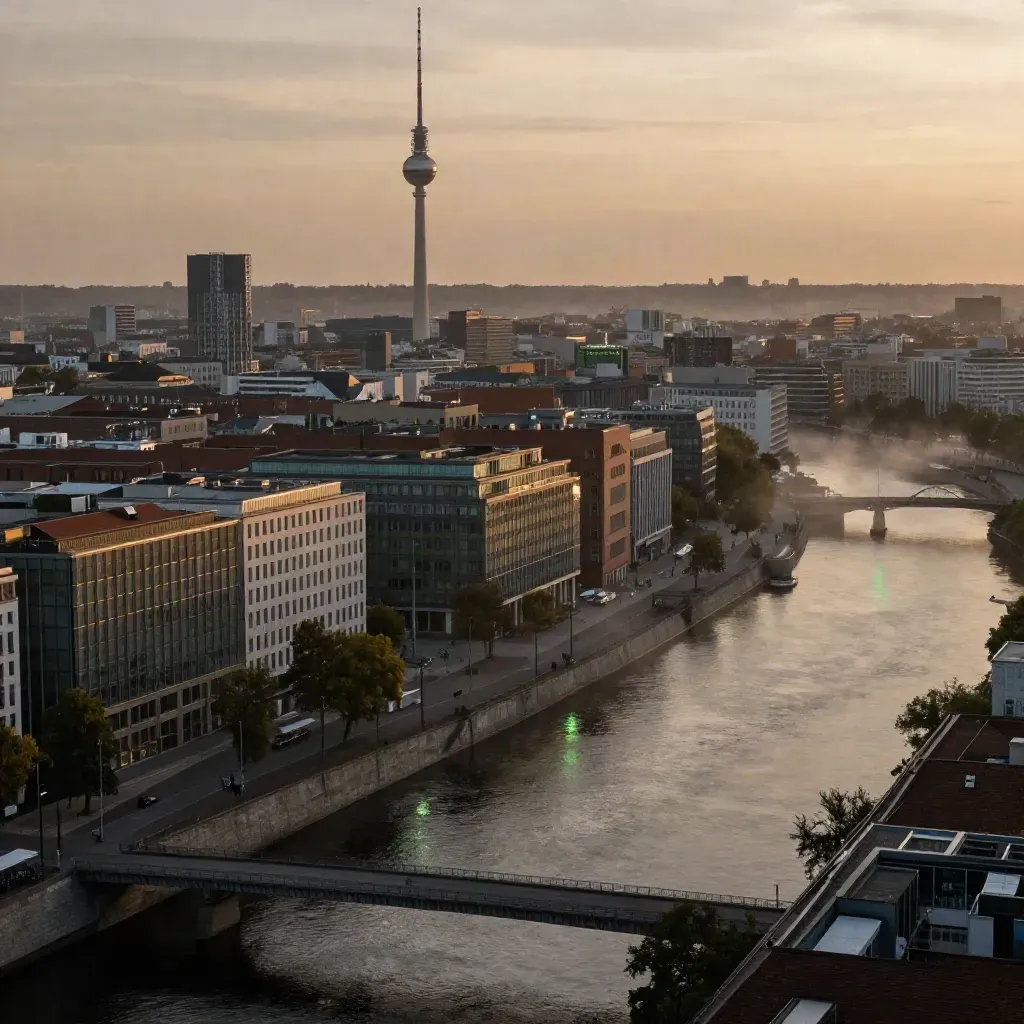 Berliner Skyline mit Fernsehturm, Spreeufer und ruhiger Abendstimmung.
