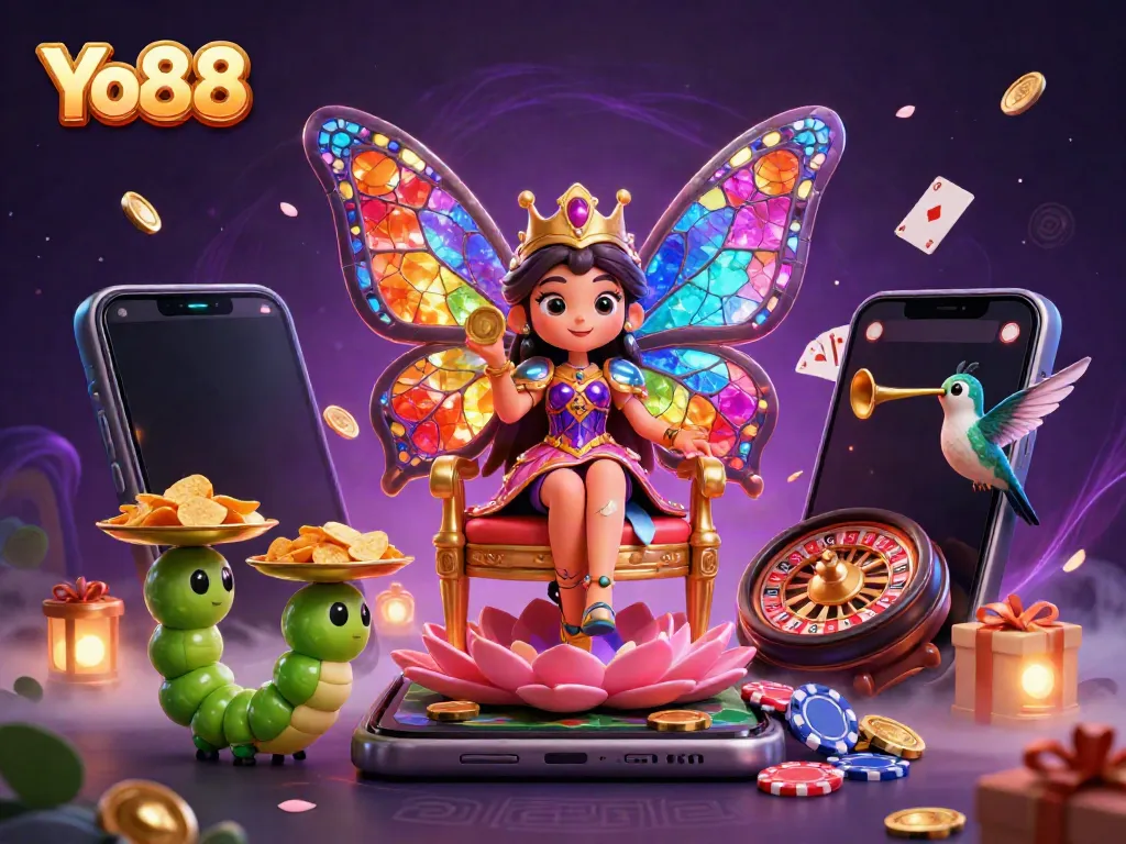 Experience Yo88's vibrant casino world with a butterfly queen and game elements amidst magical details.