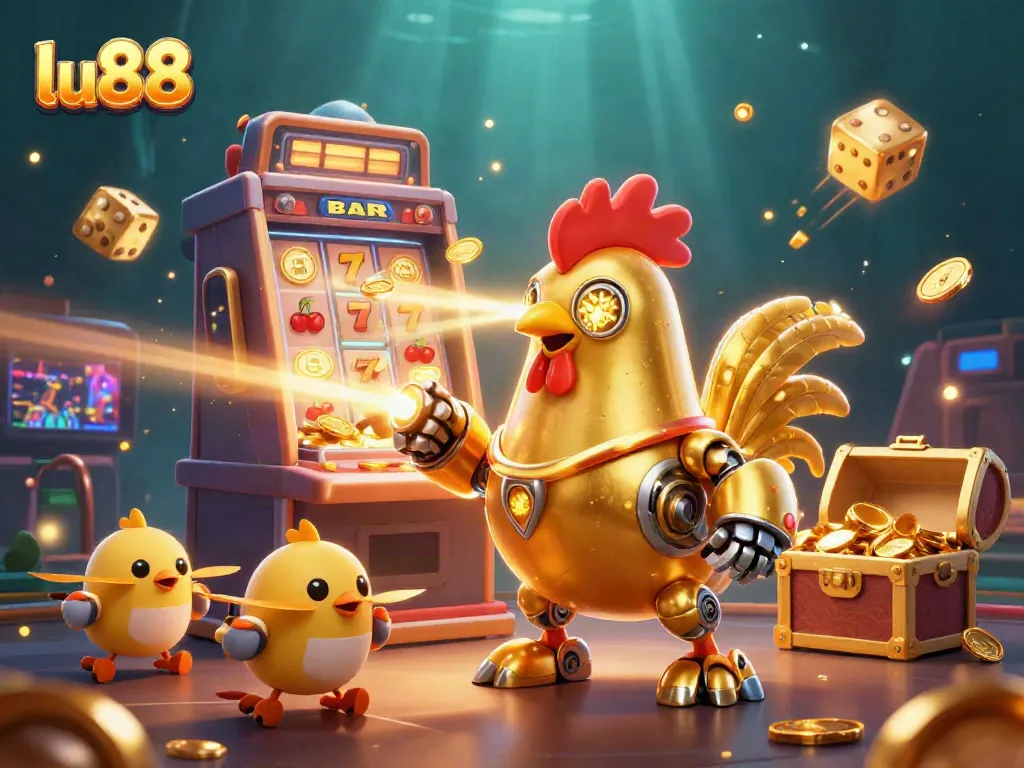 LU88's dynamic gaming scene with a golden rooster robot and colorful casino elements bursting with energy.