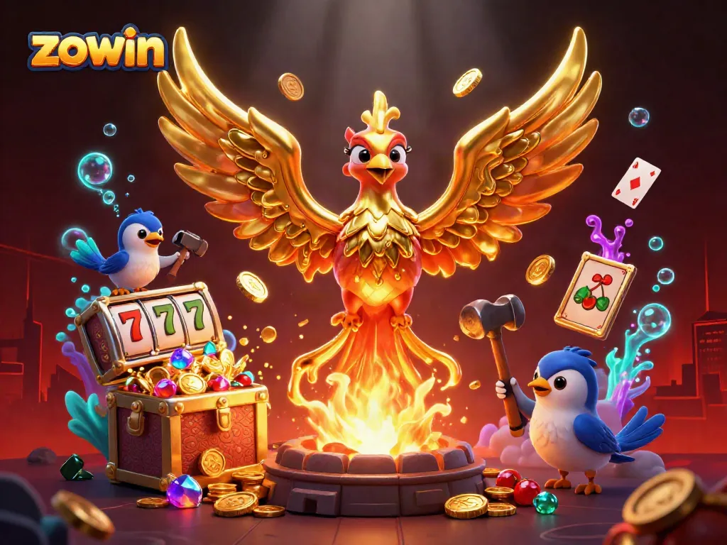 Experience thrilling wins at Zowin with golden phoenix-themed slot games filled with gems.