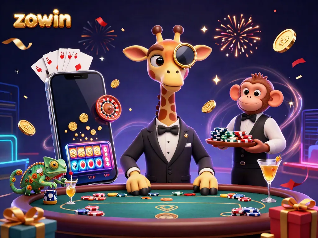 Zowin brings excitement to life with a high-roller giraffe, monkey valet, and chameleon bartender in a vibrant casino atmosphere.