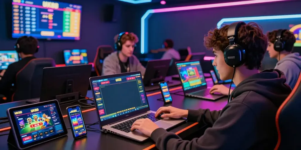 Engaged gamer experiencing UK88 online betting platform in a vibrant gaming atmosphere.