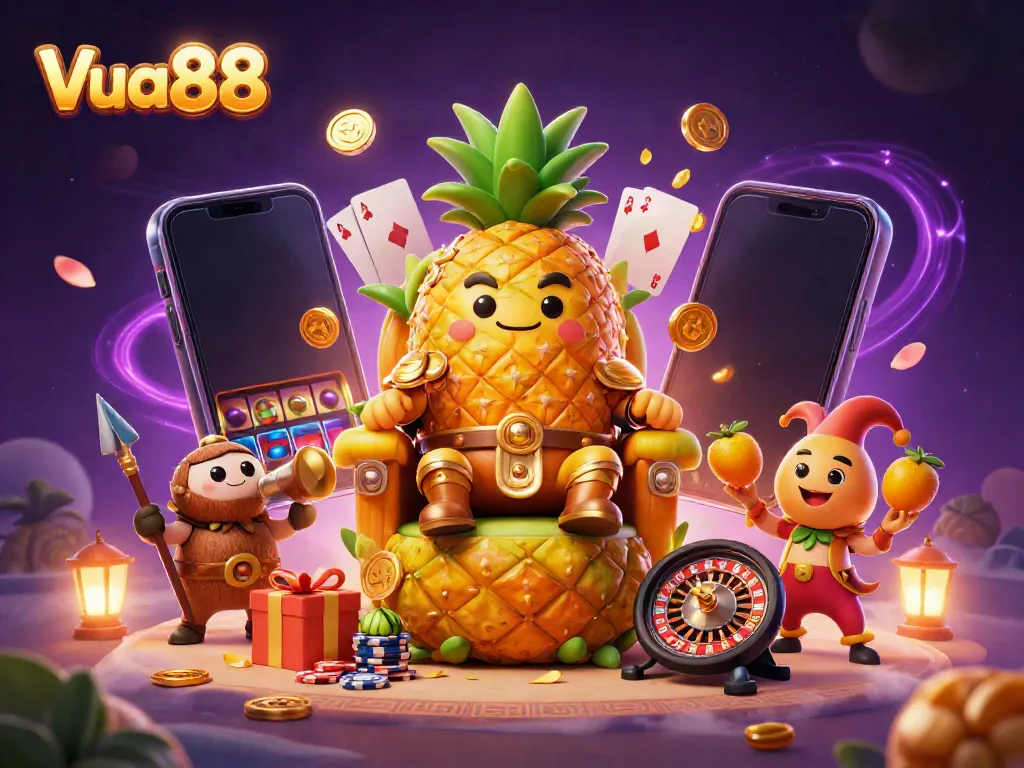 Engage with Vua88 at this vibrant cartoon casino scene featuring a golden pineapple king and dynamic game elements.