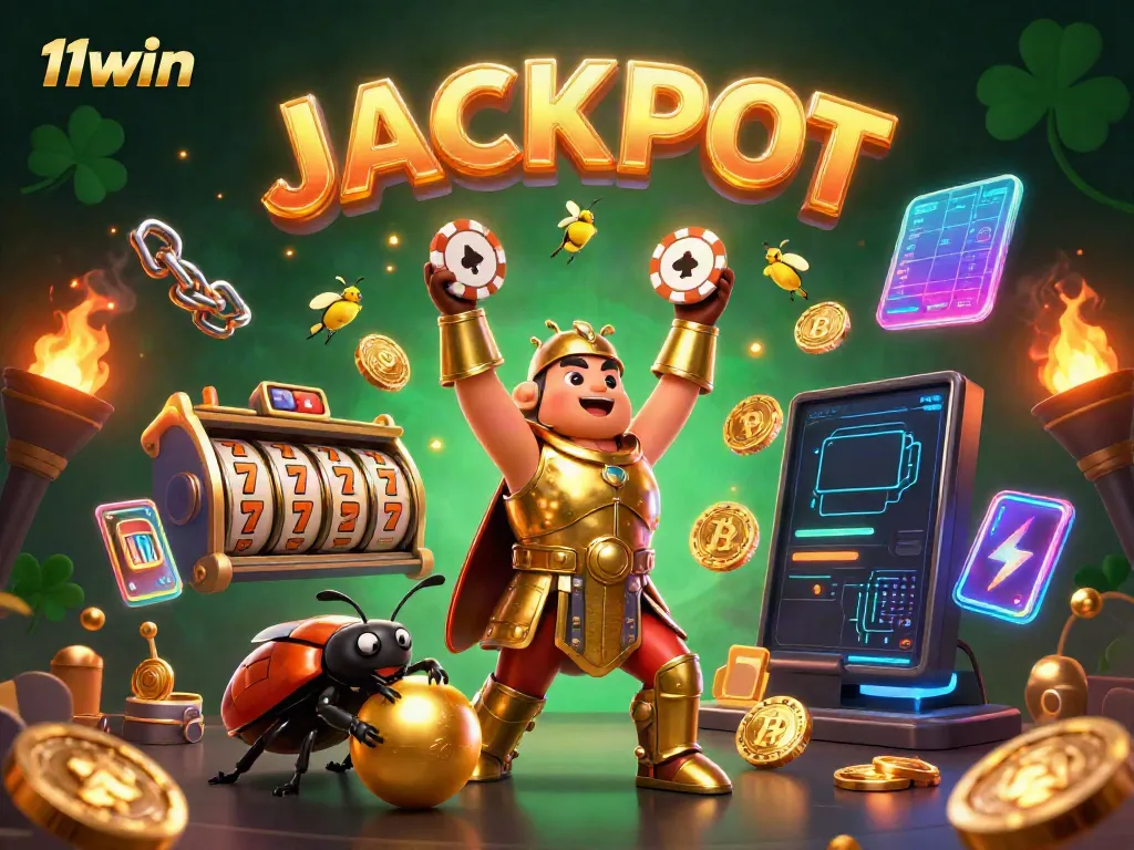 11win enhances your gaming experience with vibrant slots, golden coins, and a joyous jackpot celebration.