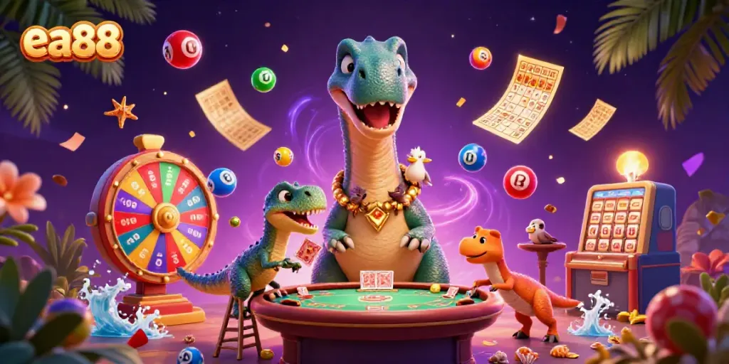 Engage with EA88's vibrant casino scene featuring a lively brontosaurus and raptor dealer in action.