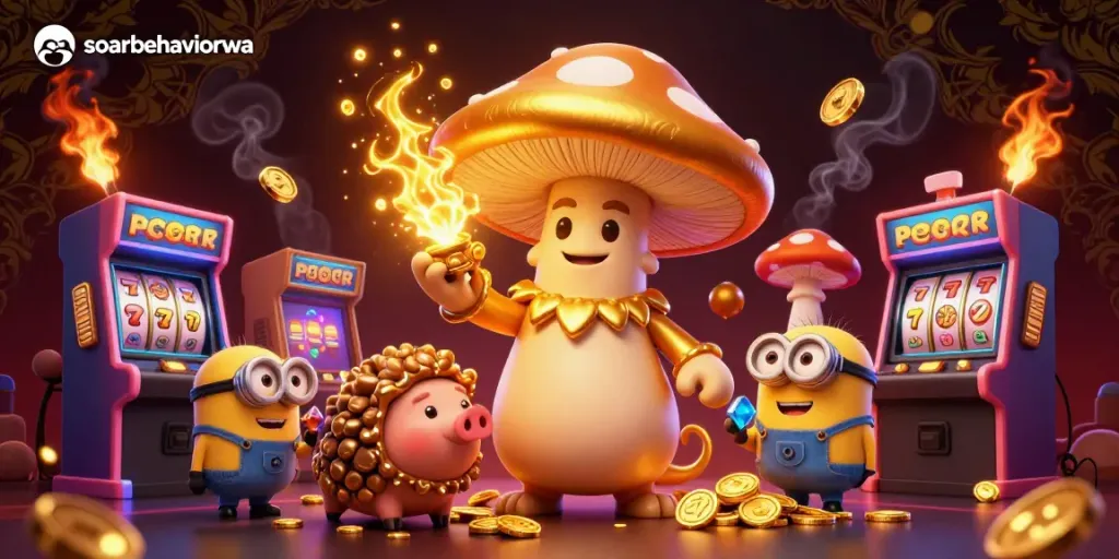 Experience the magic of soarbehaviorwa with a golden mushroom wizard and vibrant casino elements.