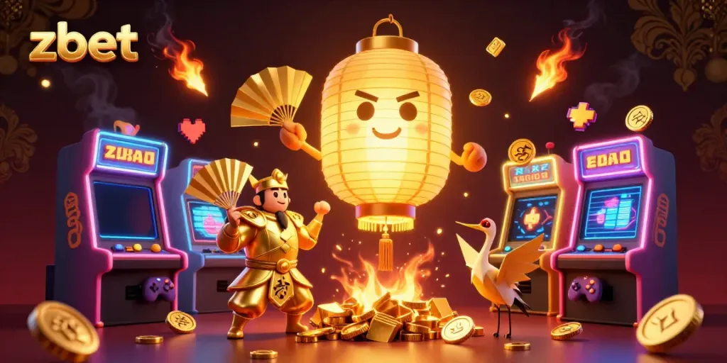 Experience interactive zbet gaming surrounded by a golden lantern spirit and paper fan warriors in a vibrant casino.